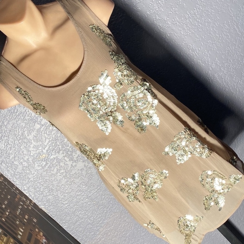 Tunic Tank Sheer Beige Mesh Sleeveless with Gold Sequin Floral Large